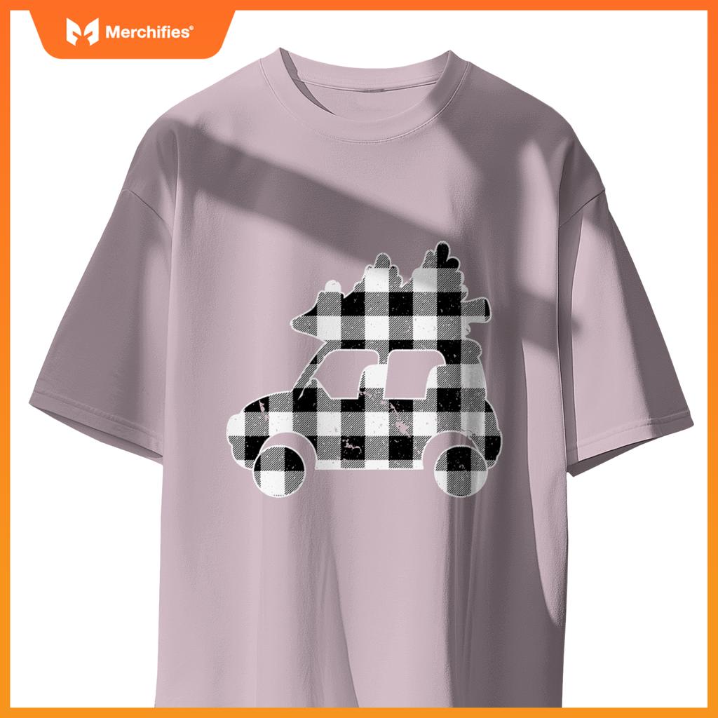 Truck Christmas Tree Black & White Buffalo Plaid Merry T-Shirt