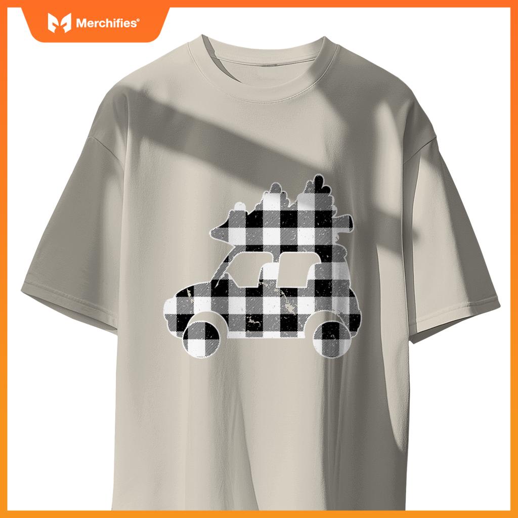 Truck Christmas Tree Black & White Buffalo Plaid Merry T-Shirt