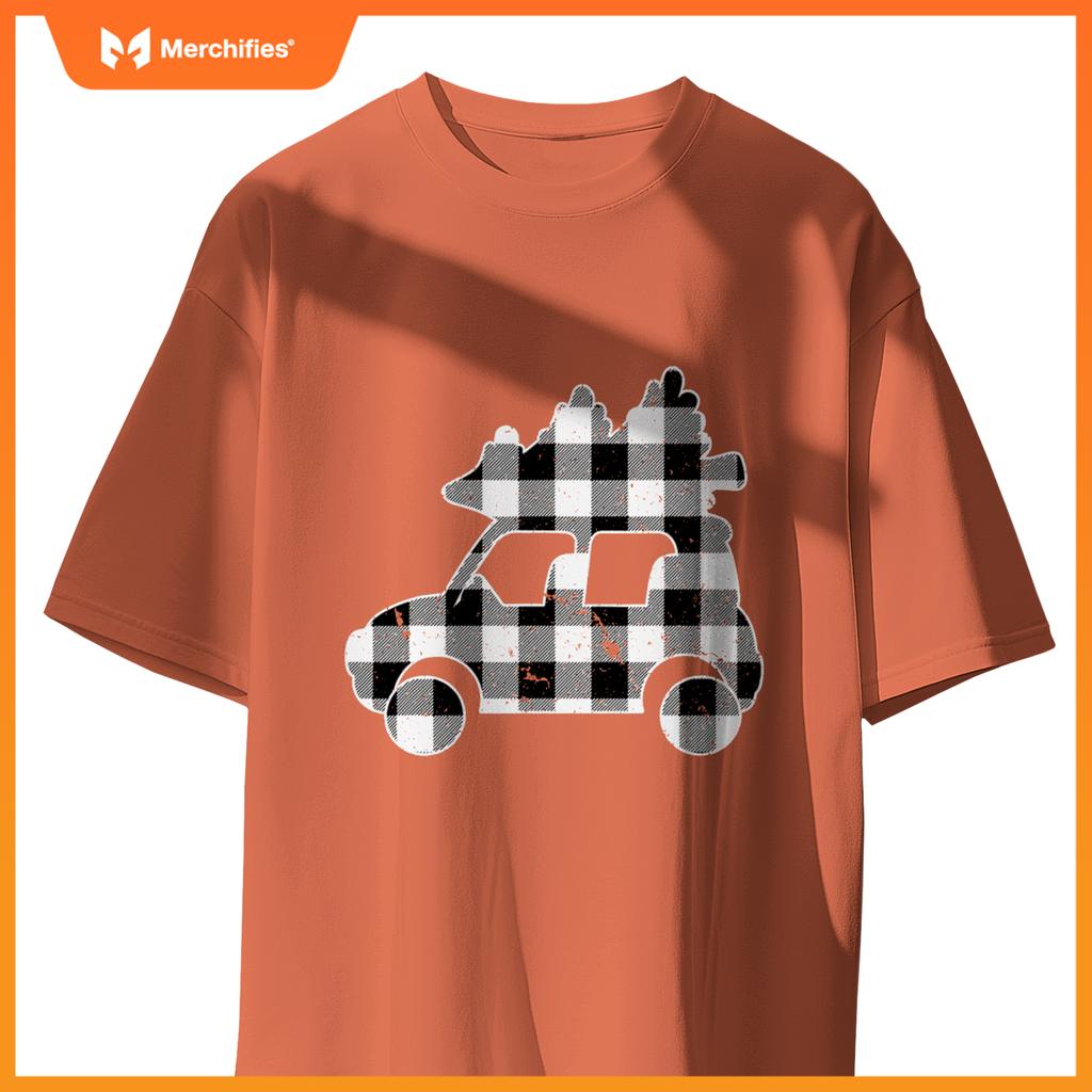 Truck Christmas Tree Black & White Buffalo Plaid Merry T-Shirt