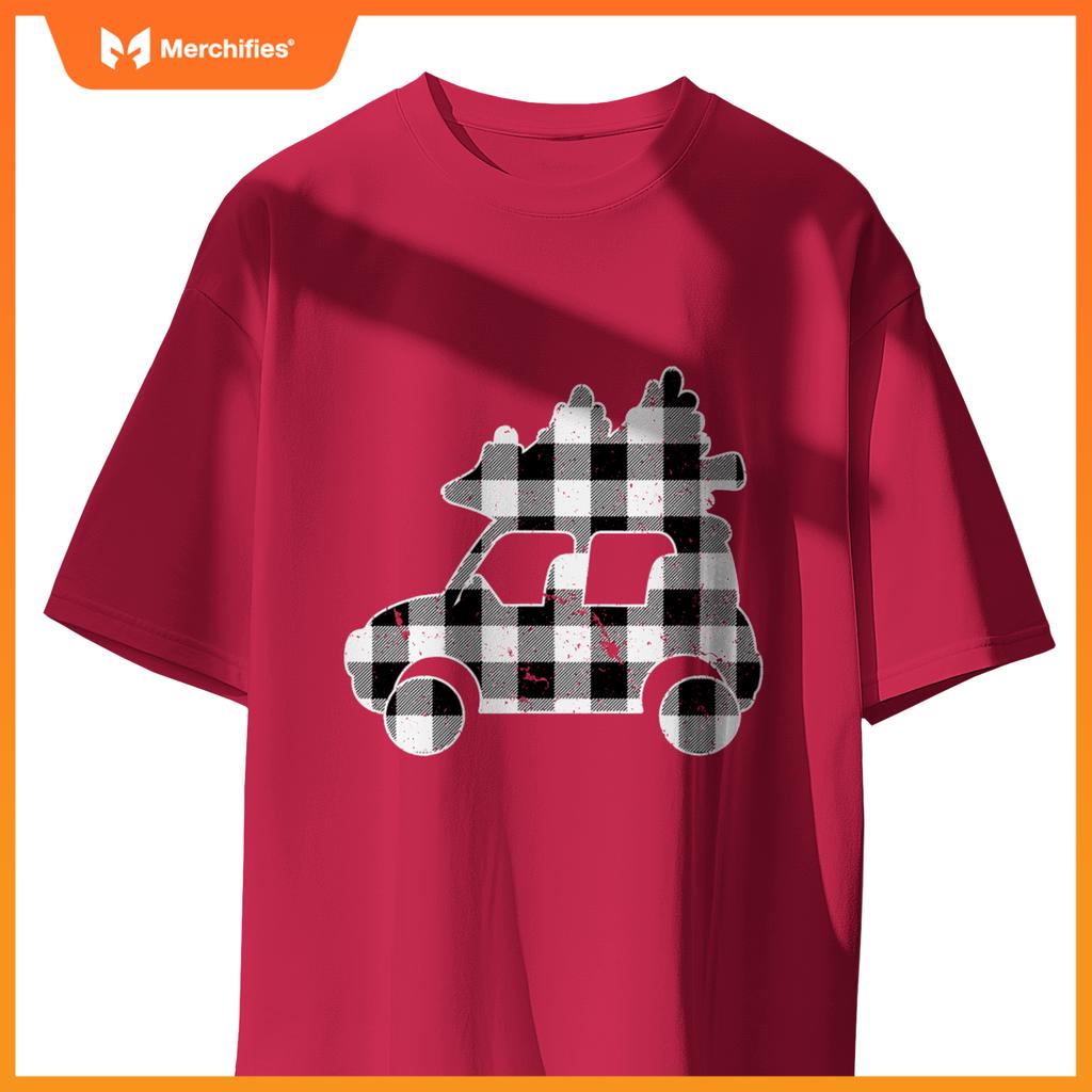 Truck Christmas Tree Black & White Buffalo Plaid Merry T-Shirt