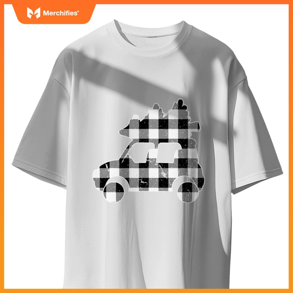 Truck Christmas Tree Black & White Buffalo Plaid Merry T-Shirt