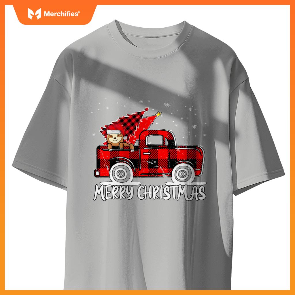 Truck Tree Sloth Buffalo Plaid Christmas Matching T-Shirt