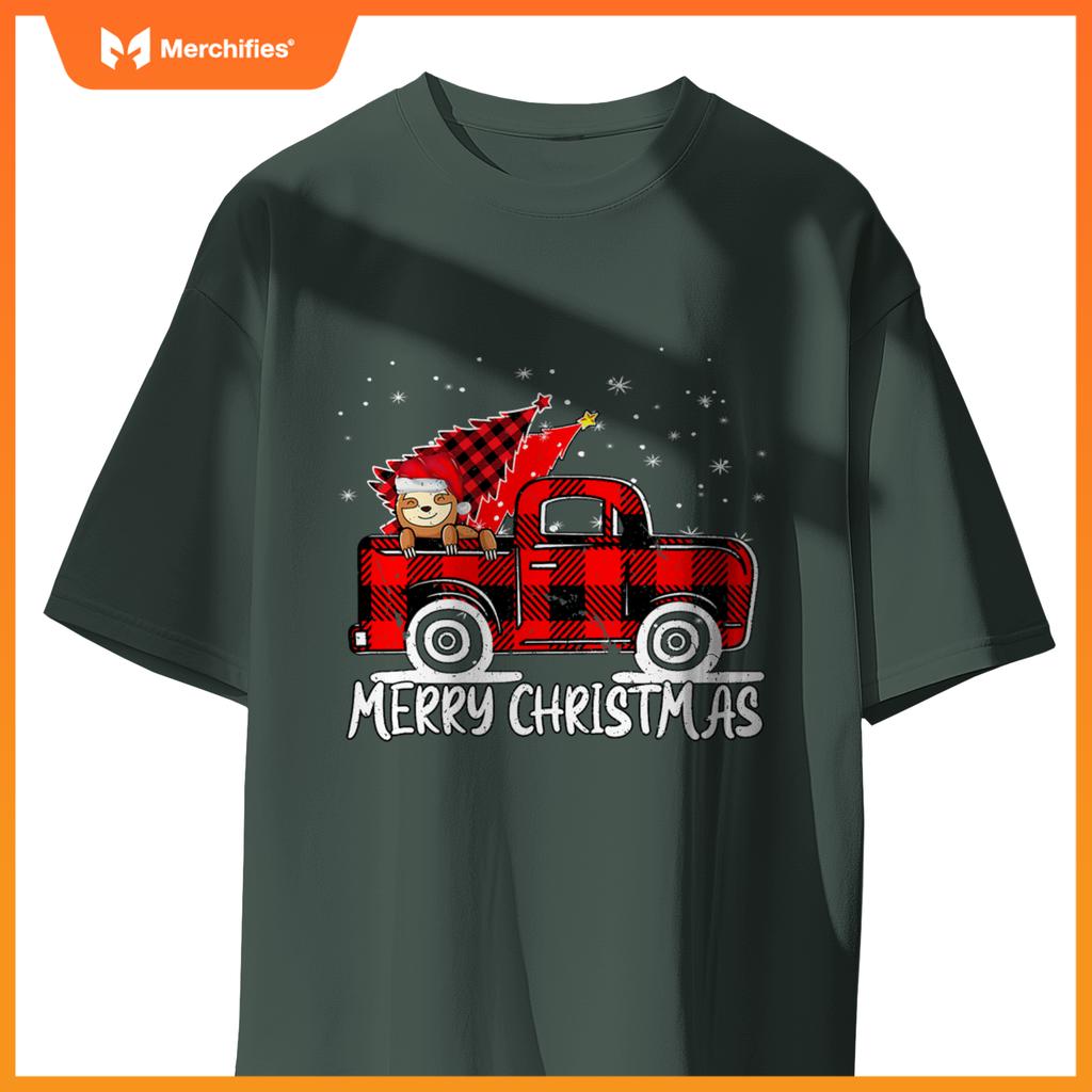 Truck Tree Sloth Buffalo Plaid Christmas Matching T-Shirt
