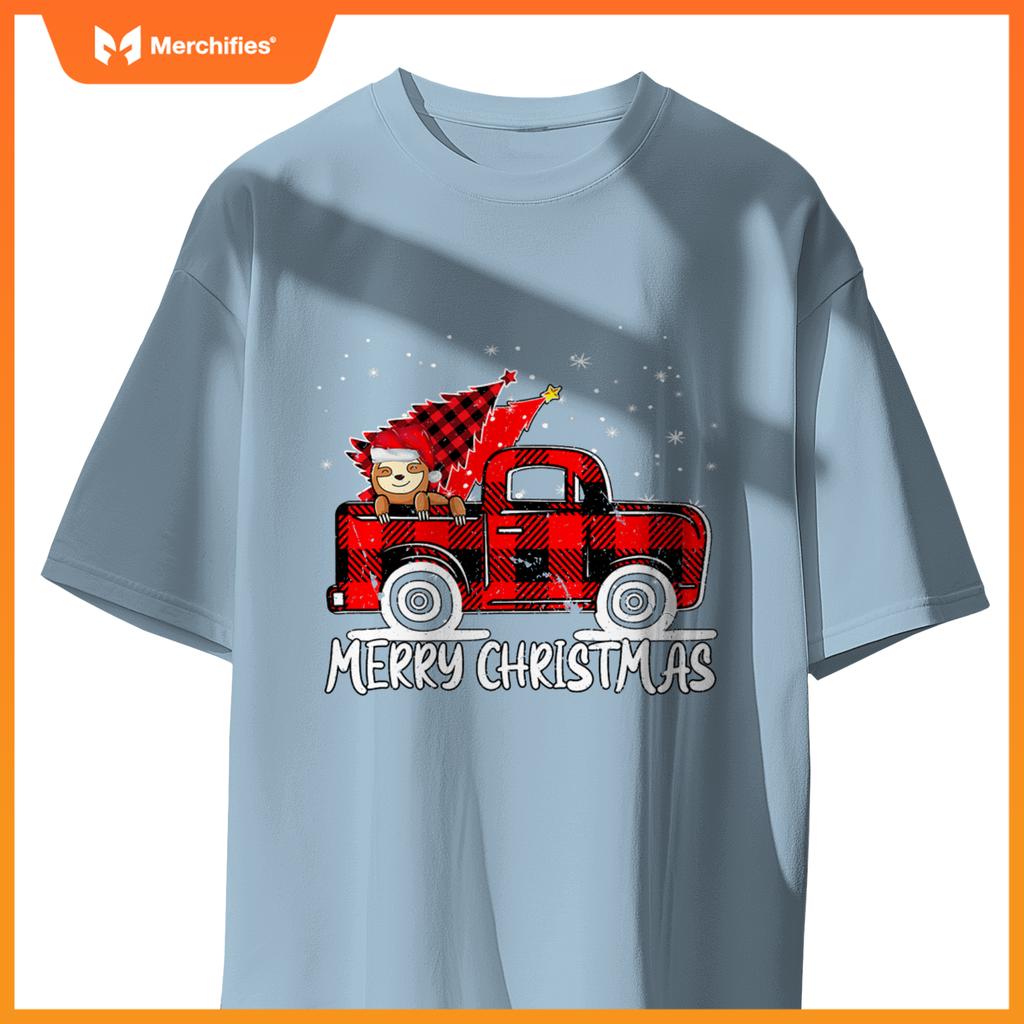Truck Tree Sloth Buffalo Plaid Christmas Matching T-Shirt