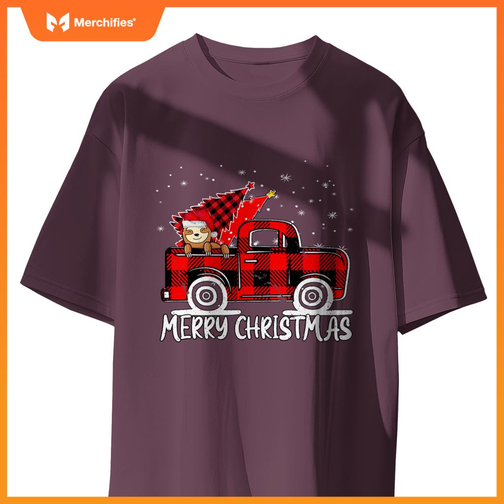 Truck Tree Sloth Buffalo Plaid Christmas Matching T-Shirt