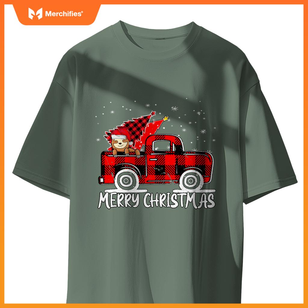 Truck Tree Sloth Buffalo Plaid Christmas Matching T-Shirt