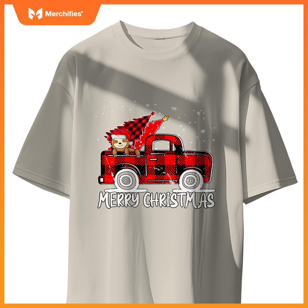 Truck Tree Sloth Buffalo Plaid Christmas Matching T-Shirt
