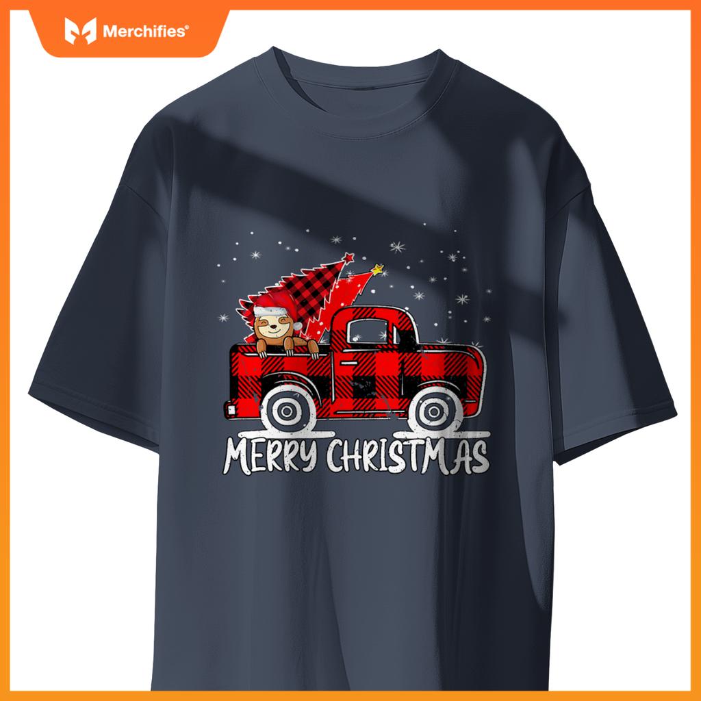 Truck Tree Sloth Buffalo Plaid Christmas Matching T-Shirt