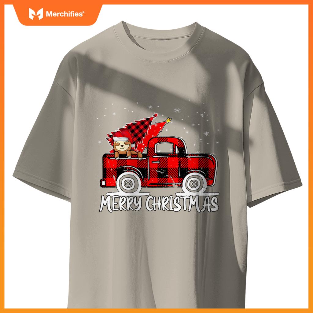 Truck Tree Sloth Buffalo Plaid Christmas Matching T-Shirt