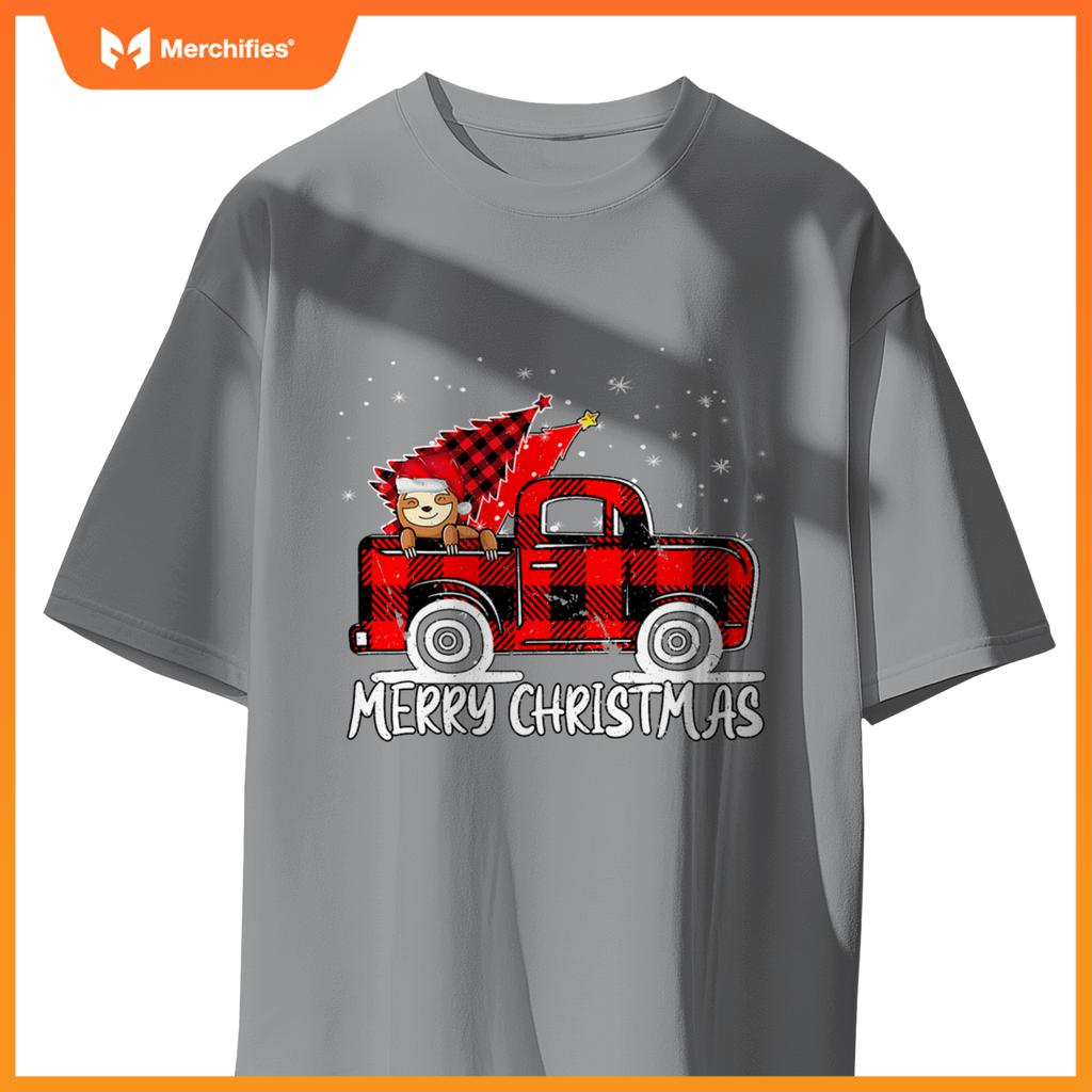 Truck Tree Sloth Buffalo Plaid Christmas Matching T-Shirt