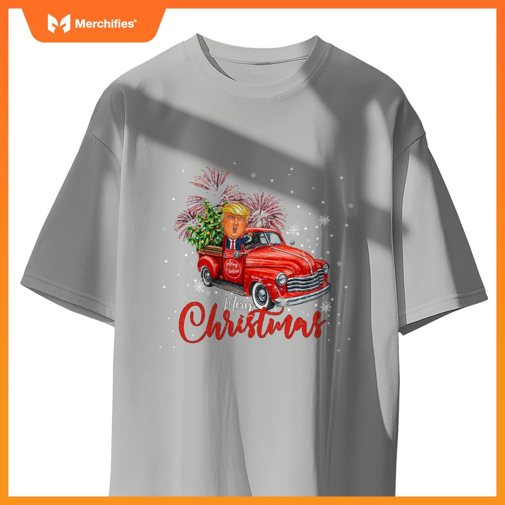 Trump , Merry Christmas Red Truck Family Matching Pajama T-Shirt