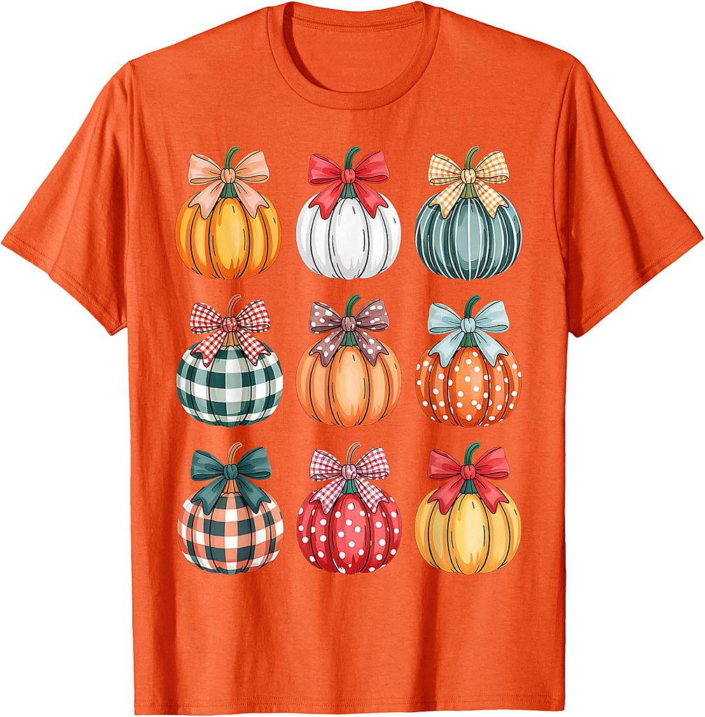 Coquette Bow Pumpkin Season Thanksgiving Autumn Fall Leaves T-Shirt