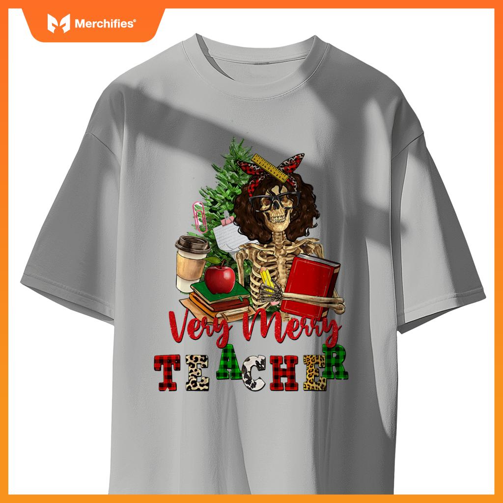 Verry merry teacher skeleton with xmas tree christmas s