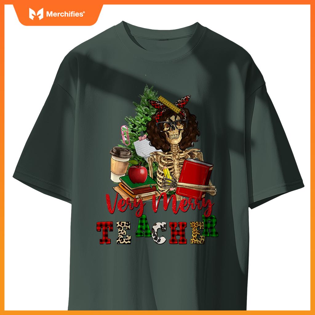 Verry merry teacher skeleton with xmas tree christmas s