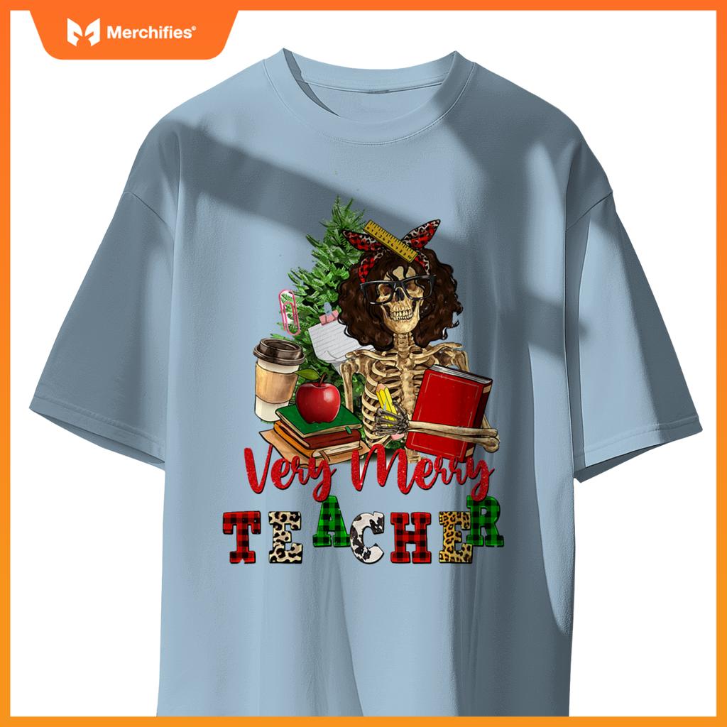 Verry merry teacher skeleton with xmas tree christmas s