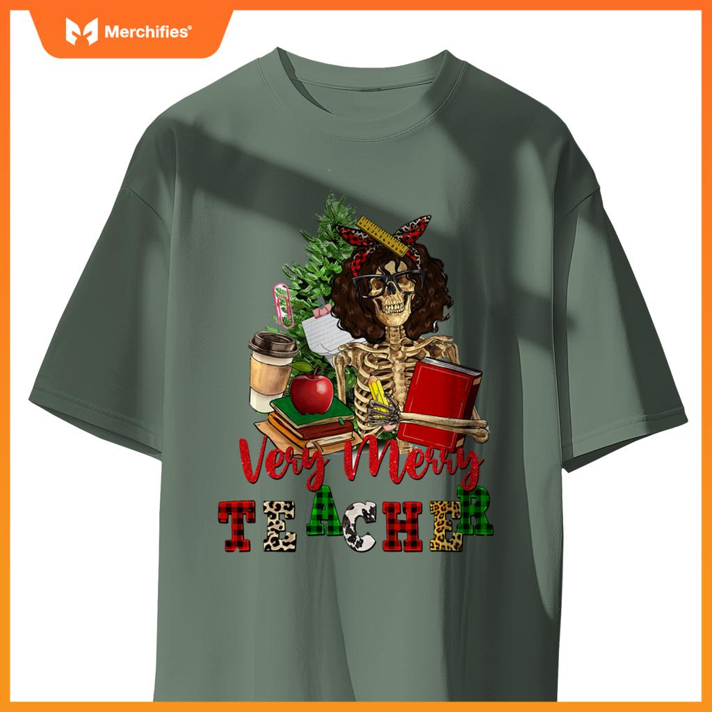 Verry merry teacher skeleton with xmas tree christmas s