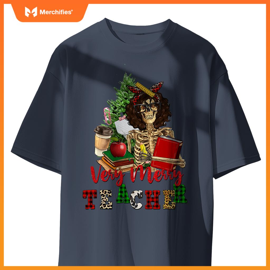 Verry merry teacher skeleton with xmas tree christmas s