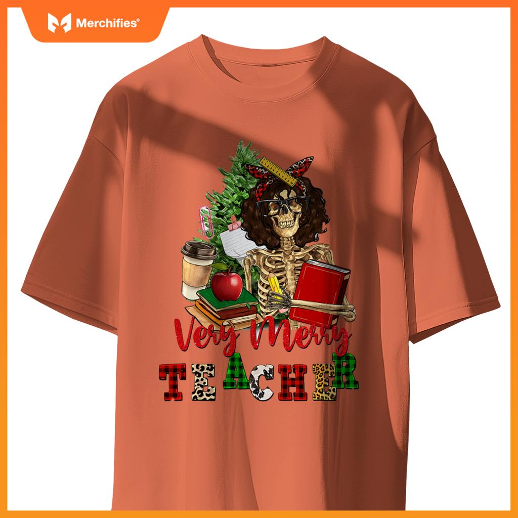 Verry merry teacher skeleton with xmas tree christmas s