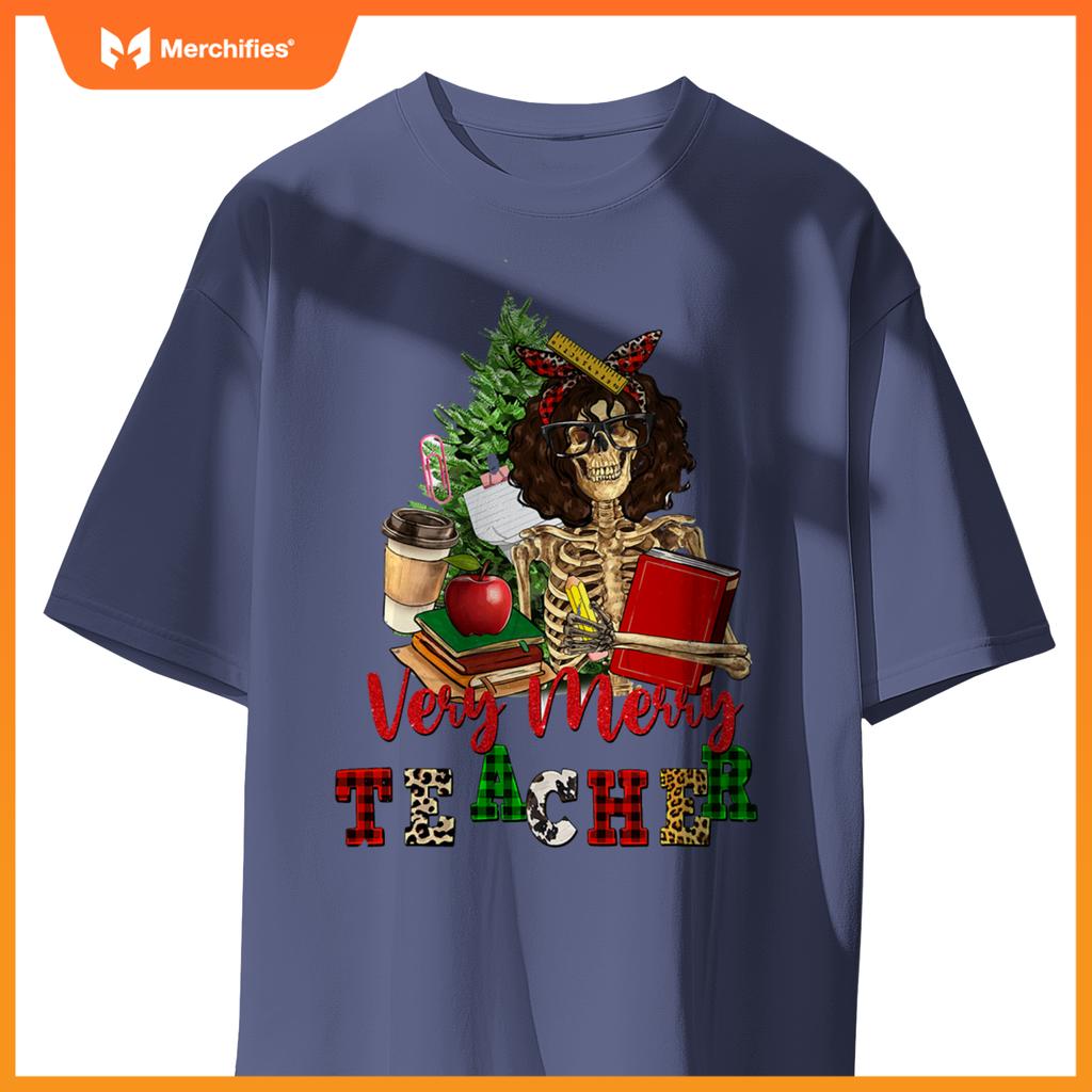 Verry merry teacher skeleton with xmas tree christmas s