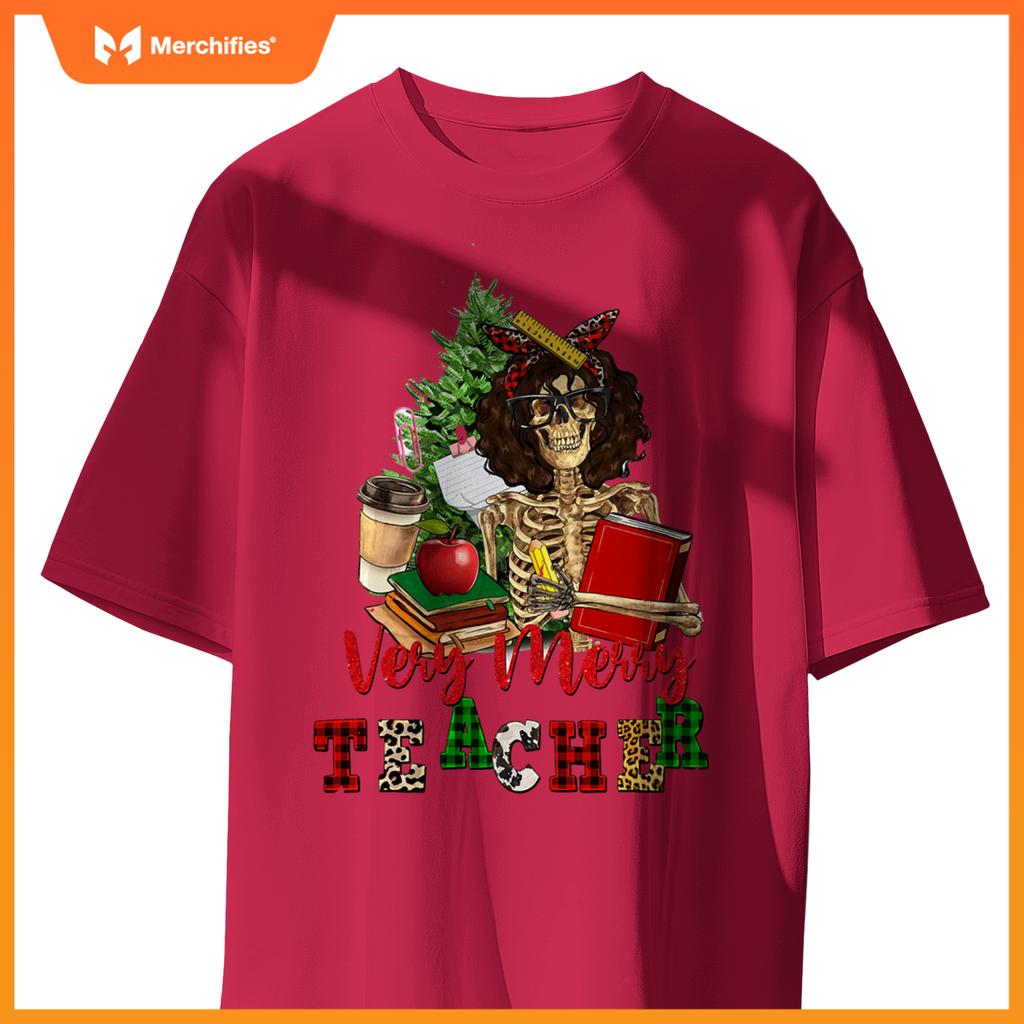 Verry merry teacher skeleton with xmas tree christmas s
