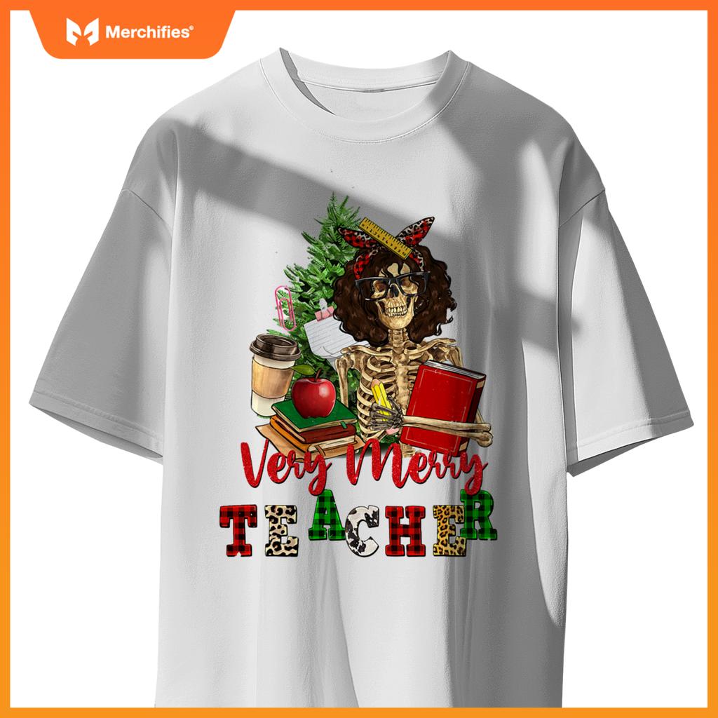 Verry merry teacher skeleton with xmas tree christmas s