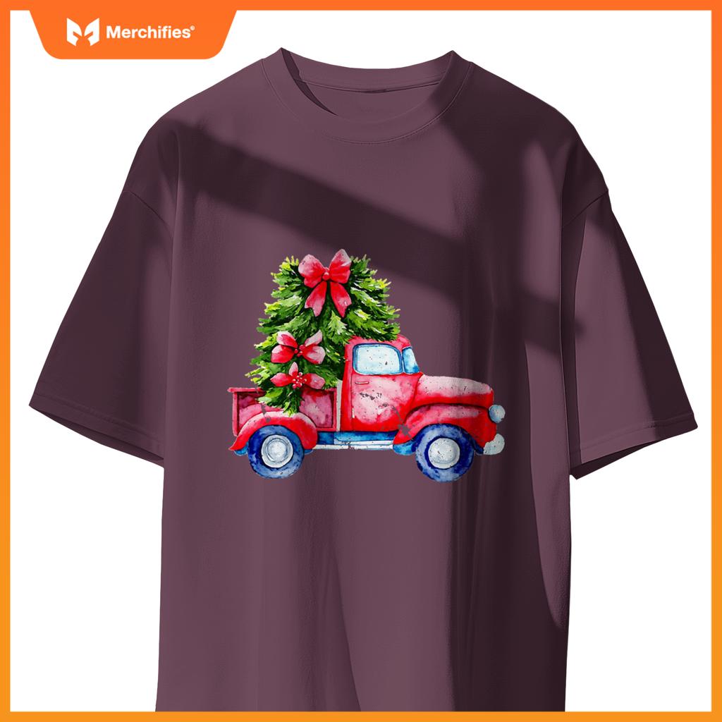 Wagon Red Car Merry Christmas Tree Truck Xmas Family T-Shirt