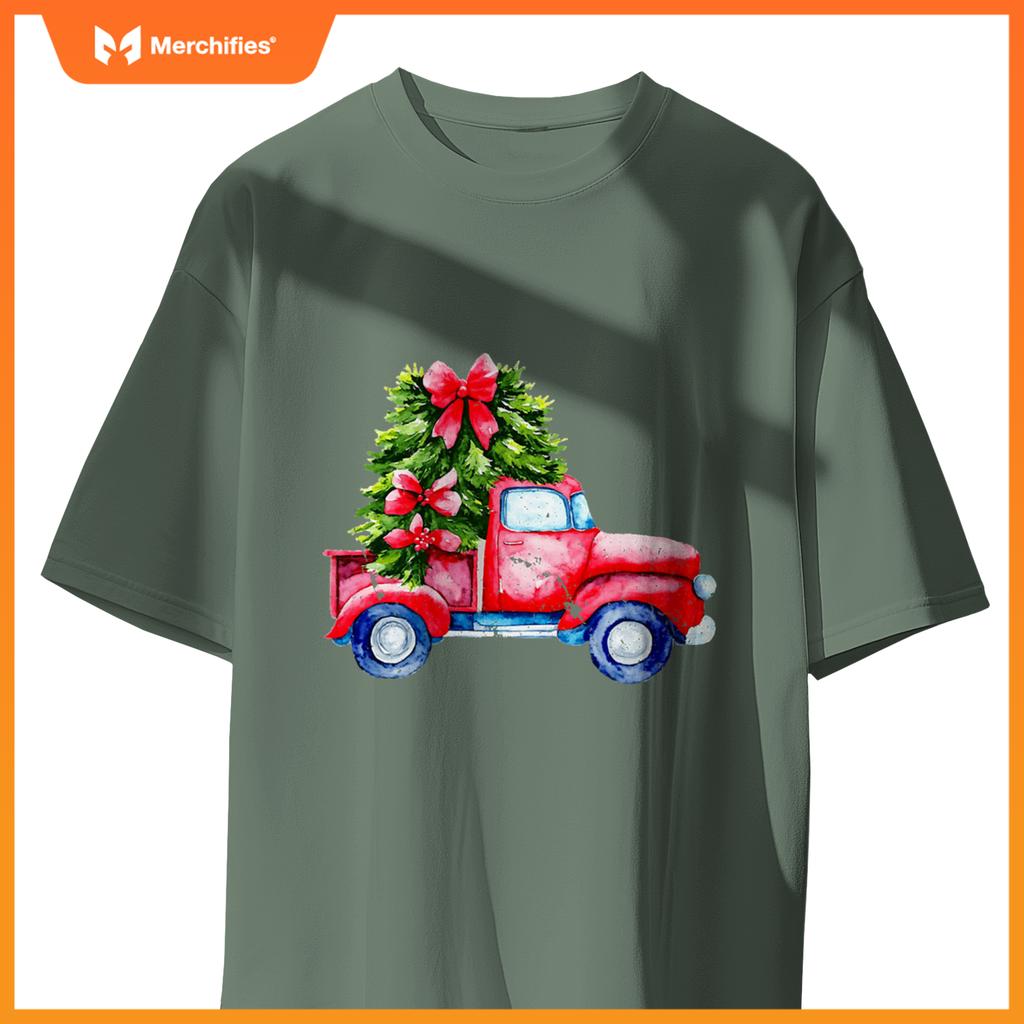 Wagon Red Car Merry Christmas Tree Truck Xmas Family T-Shirt