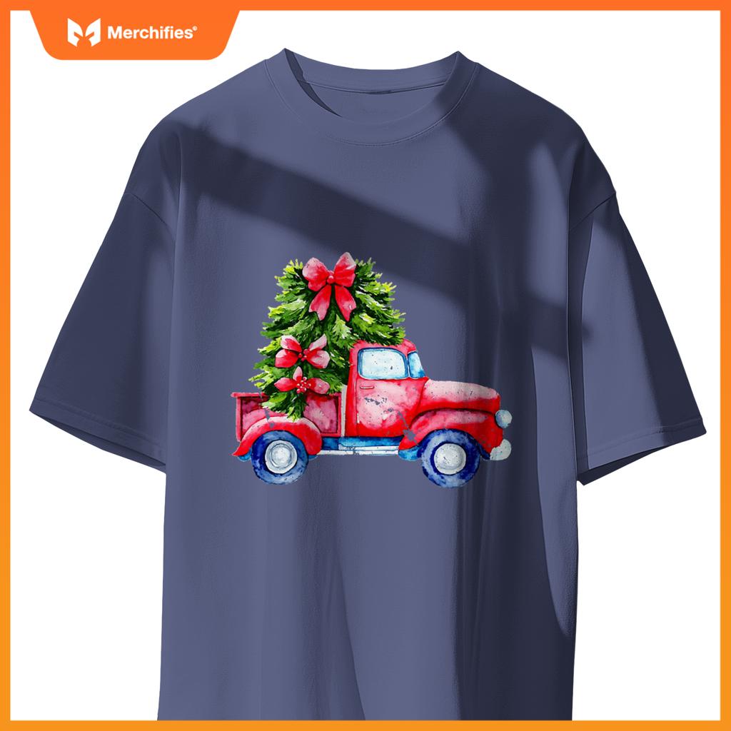 Wagon Red Car Merry Christmas Tree Truck Xmas Family T-Shirt