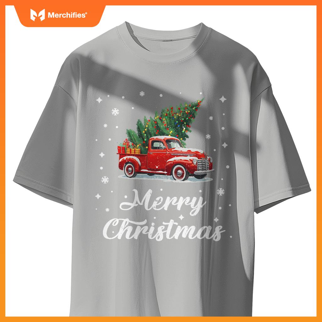 Wagon Red Car Merry Christmas Tree Xmas Red Truck T-Shirt