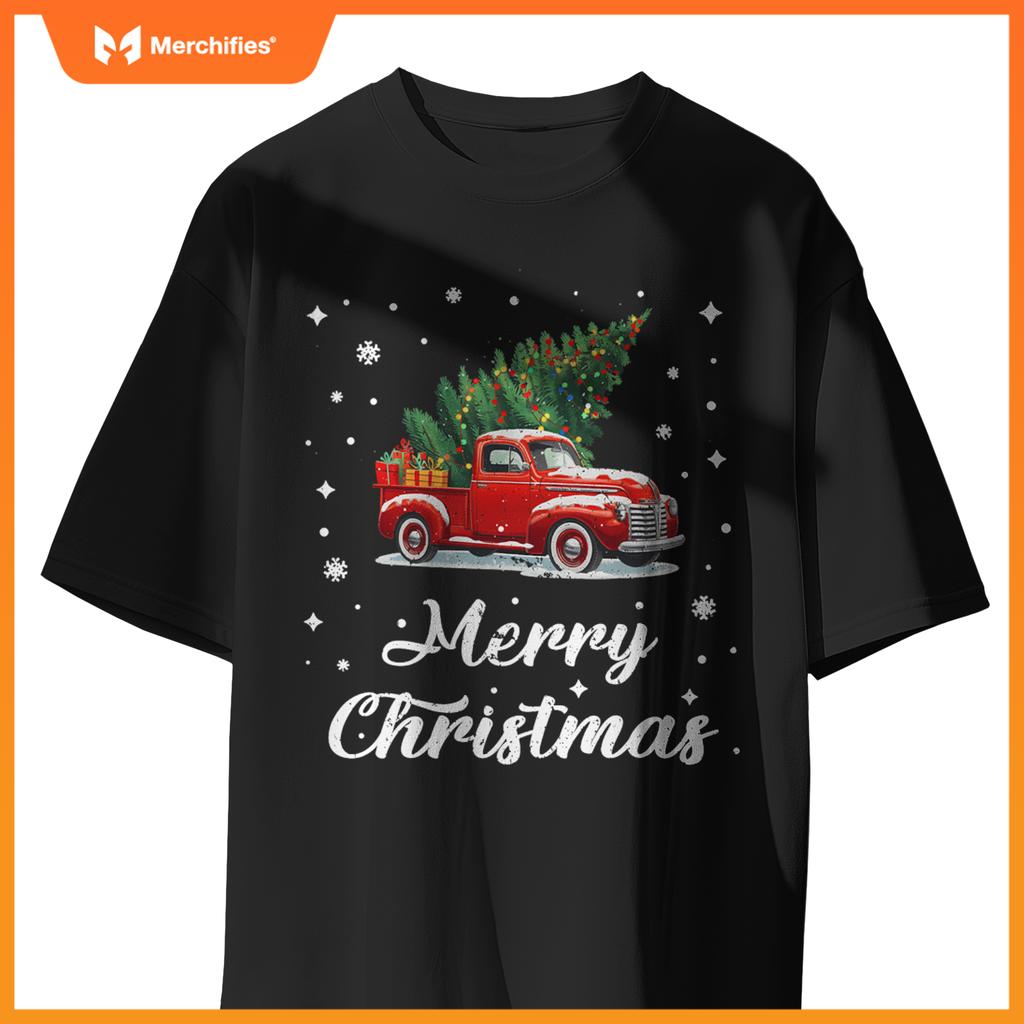 Wagon Red Car Merry Christmas Tree Xmas Red Truck T-Shirt