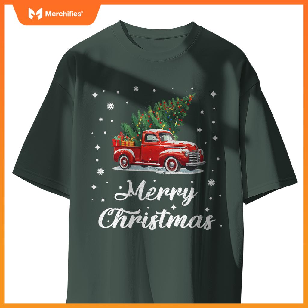 Wagon Red Car Merry Christmas Tree Xmas Red Truck T-Shirt