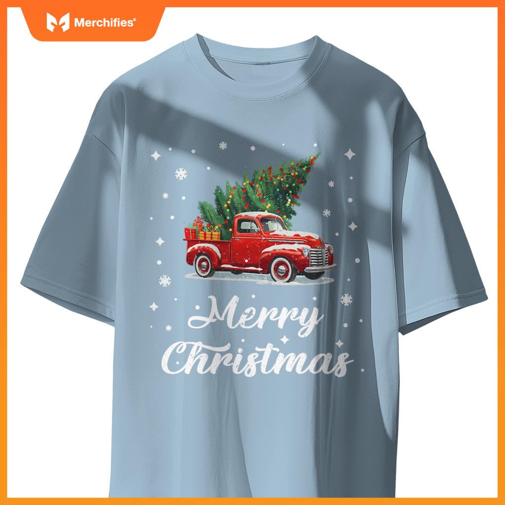 Wagon Red Car Merry Christmas Tree Xmas Red Truck T-Shirt