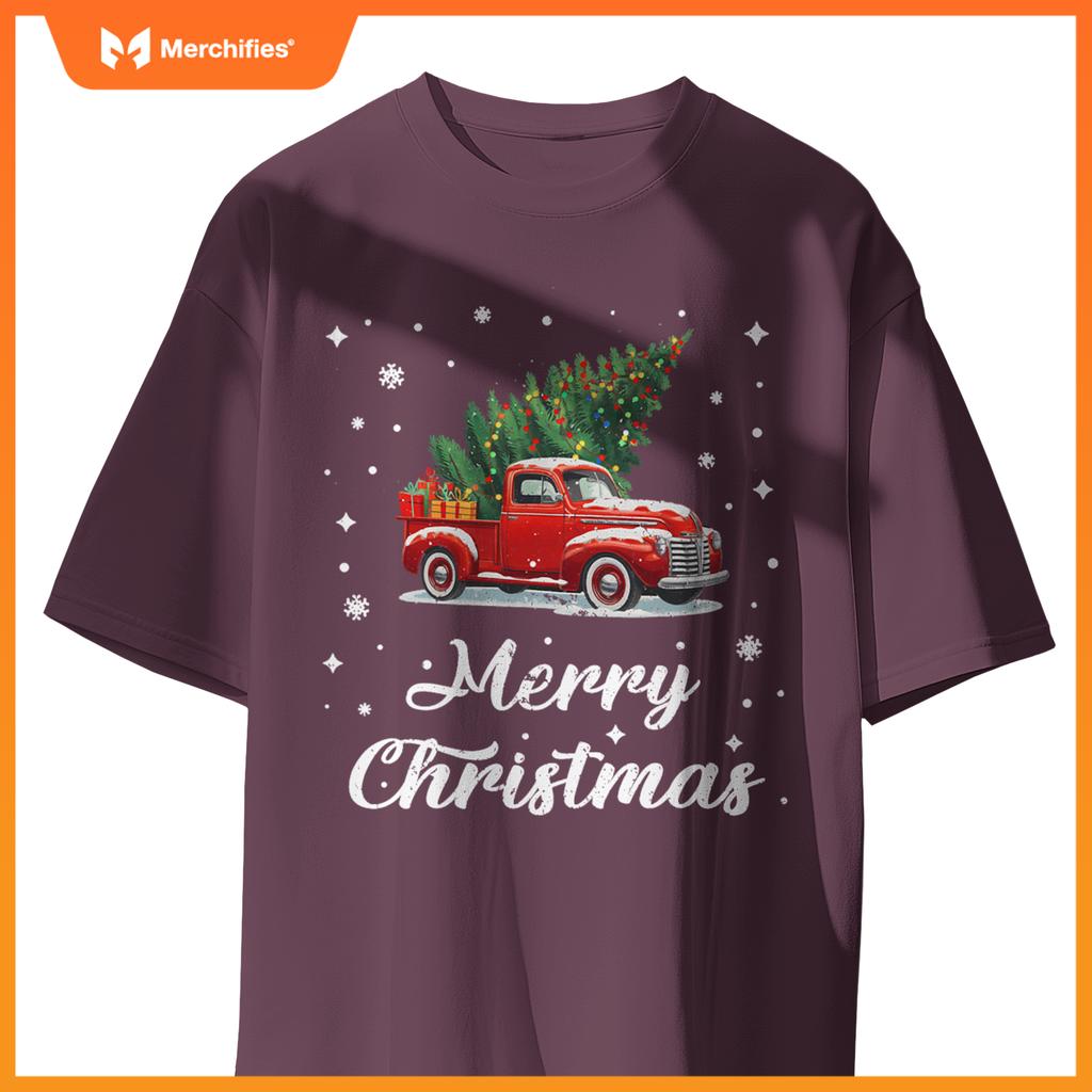 Wagon Red Car Merry Christmas Tree Xmas Red Truck T-Shirt