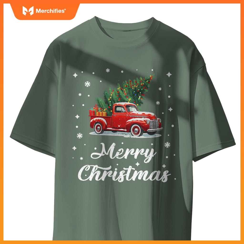 Wagon Red Car Merry Christmas Tree Xmas Red Truck T-Shirt