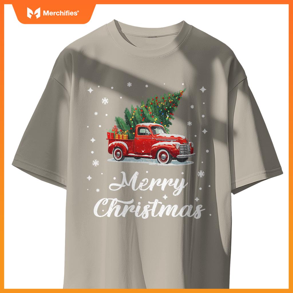 Wagon Red Car Merry Christmas Tree Xmas Red Truck T-Shirt