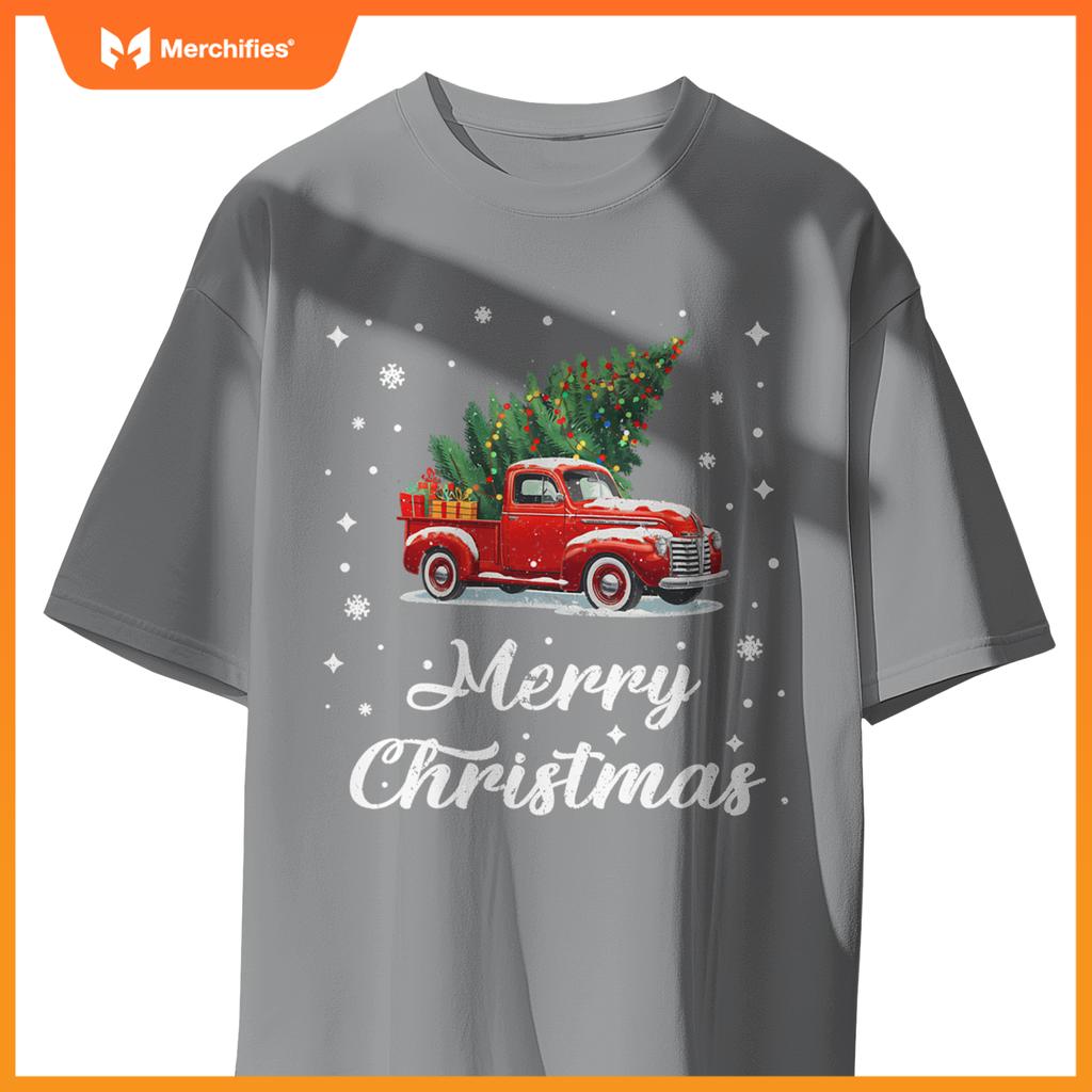 Wagon Red Car Merry Christmas Tree Xmas Red Truck T-Shirt