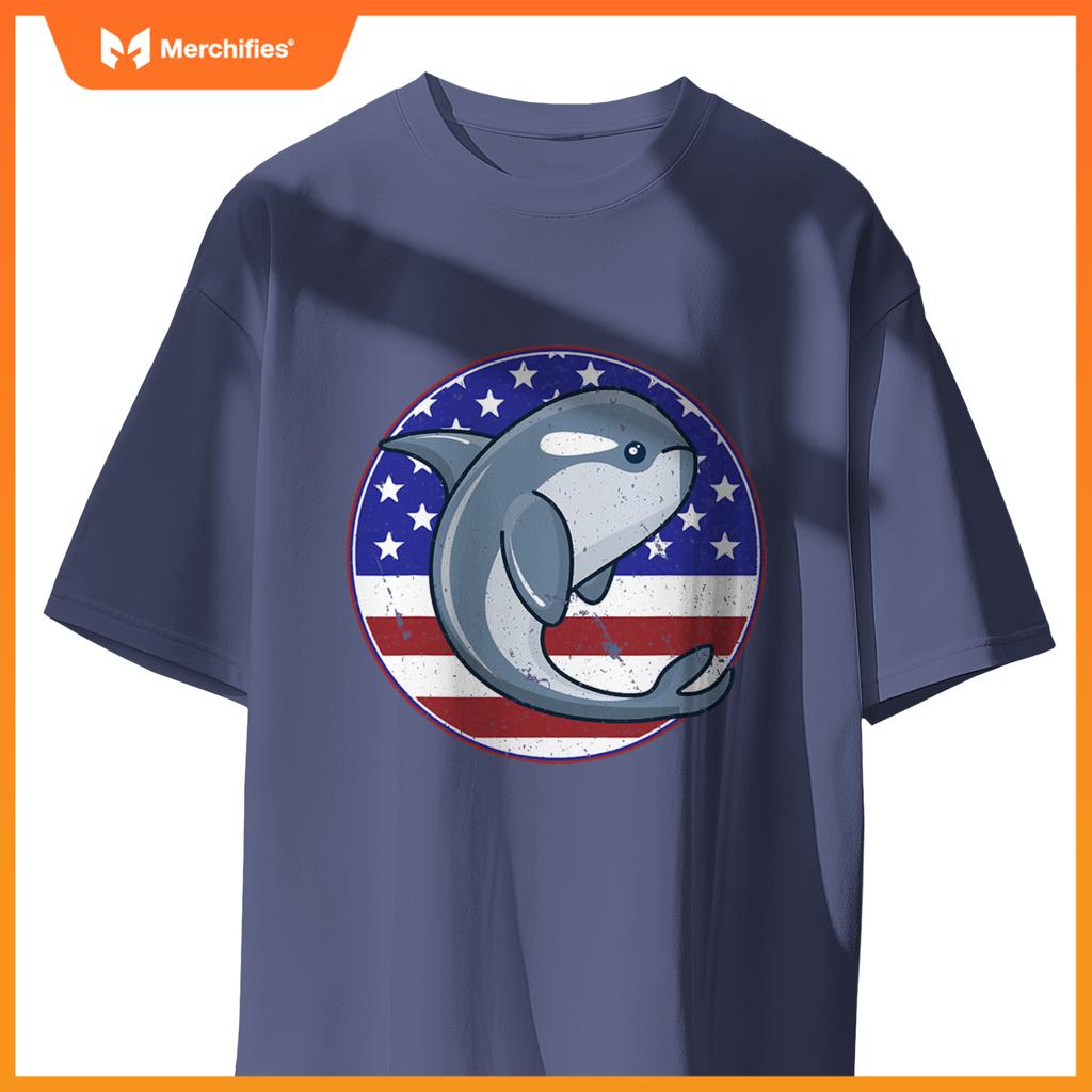Whale patriotic american flag circle T-Shirt