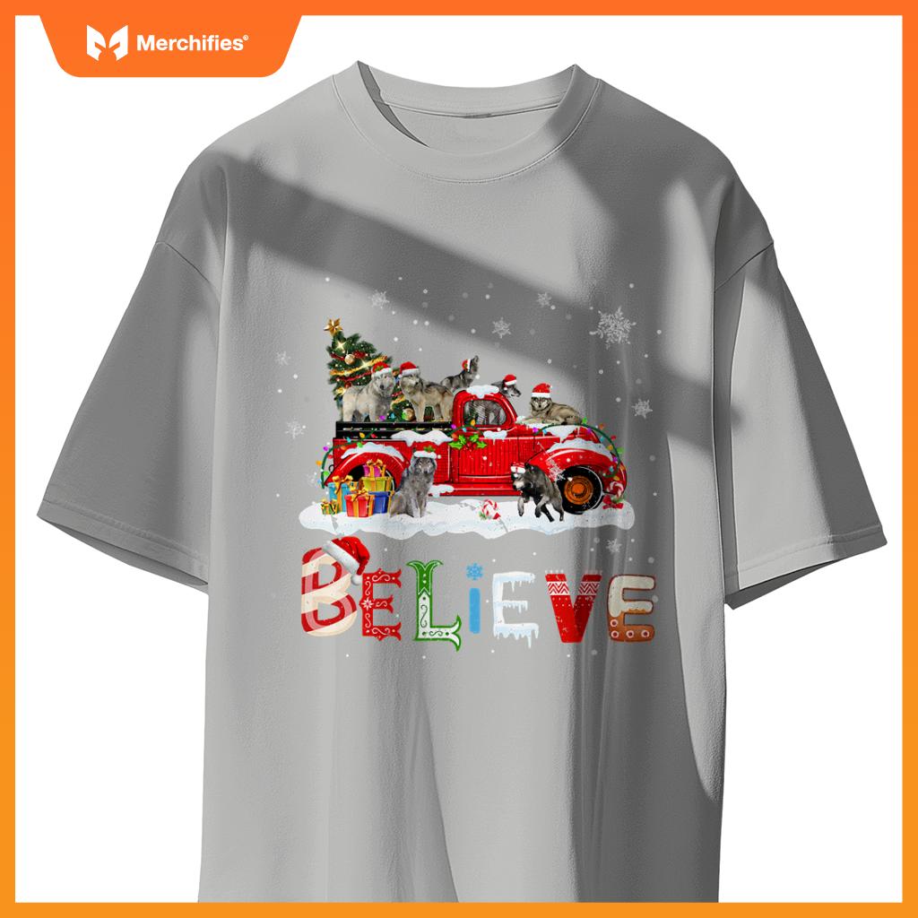 Wolf Riding Red Truck Christmas Tree Believe Santa Pajama T-Shirt