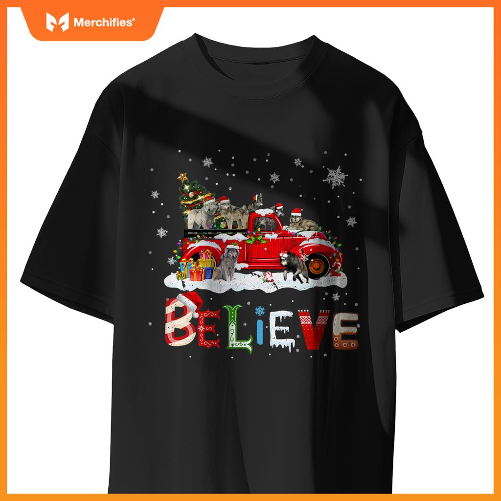 Wolf Riding Red Truck Christmas Tree Believe Santa Pajama T-Shirt