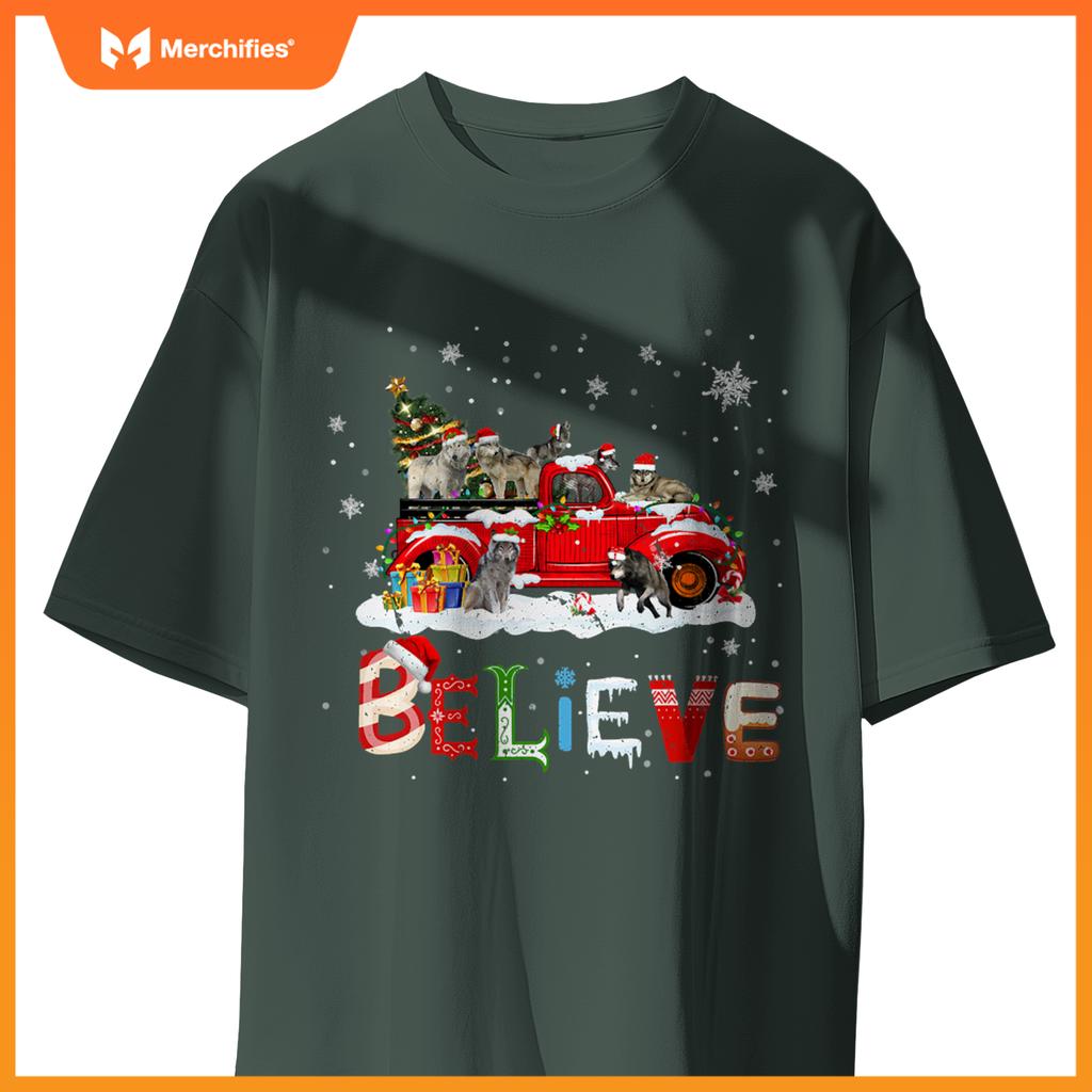 Wolf Riding Red Truck Christmas Tree Believe Santa Pajama T-Shirt