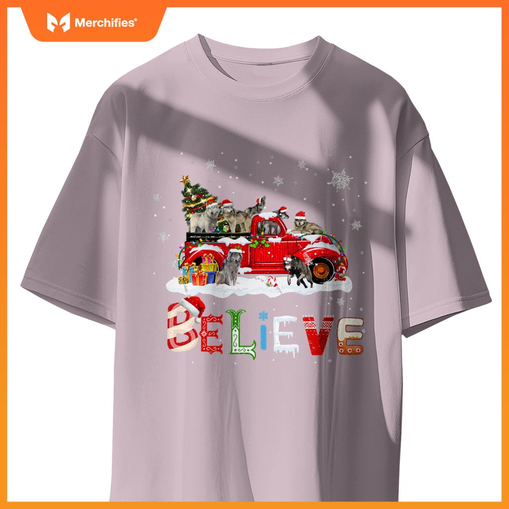 Wolf Riding Red Truck Christmas Tree Believe Santa Pajama T-Shirt