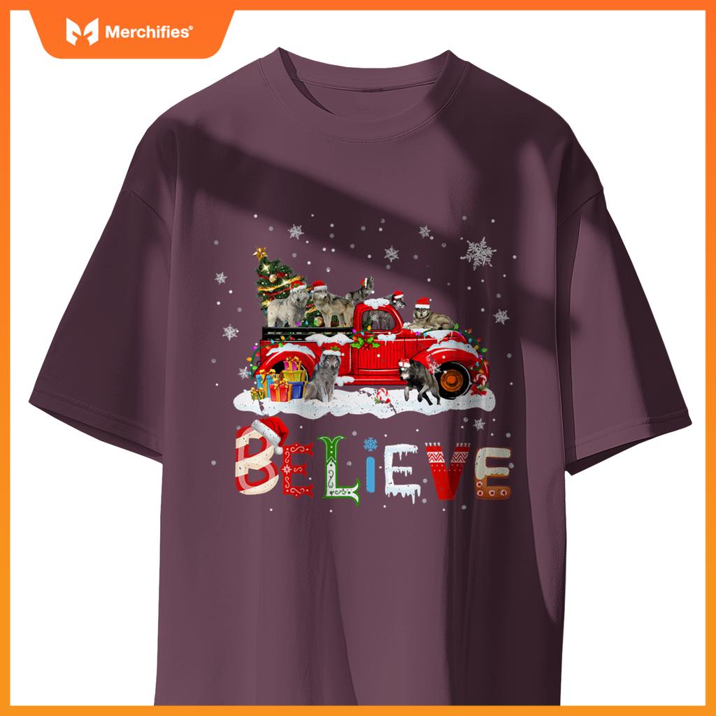 Wolf Riding Red Truck Christmas Tree Believe Santa Pajama T-Shirt