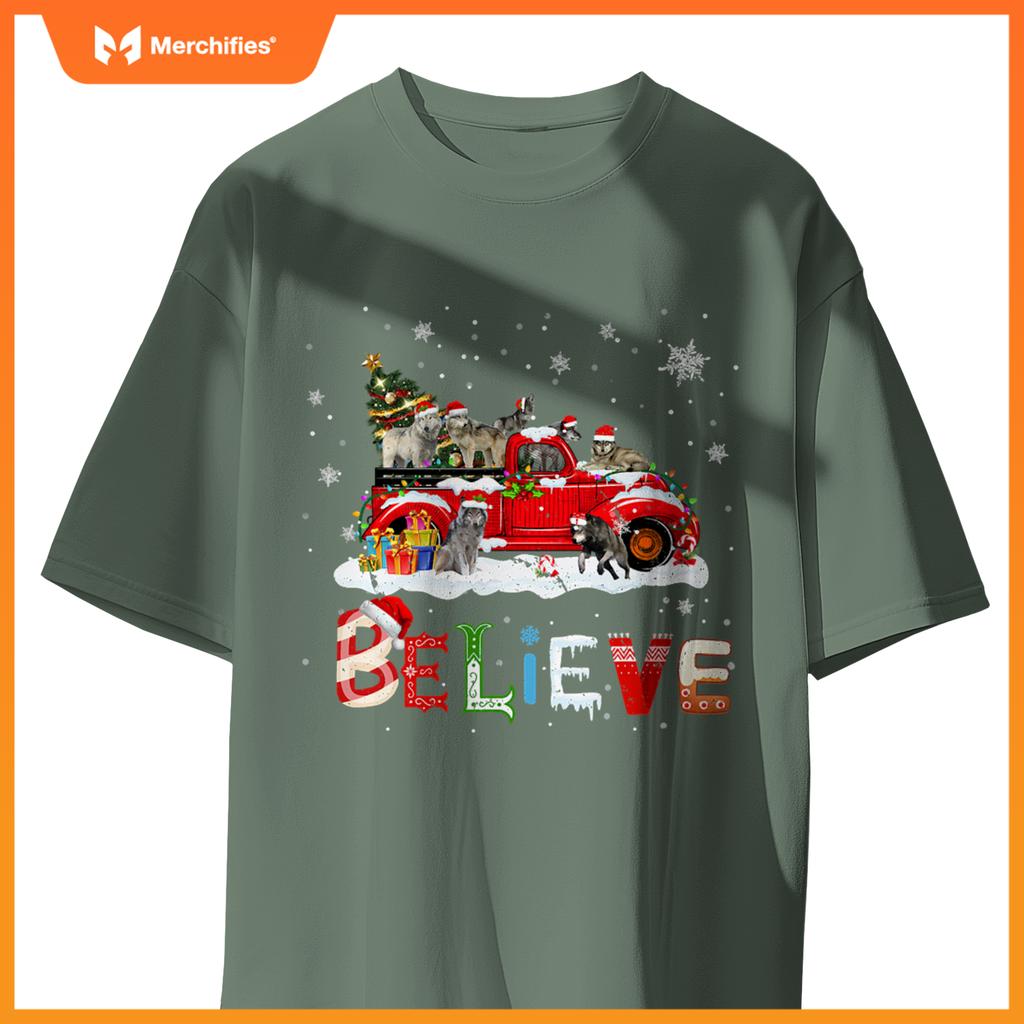 Wolf Riding Red Truck Christmas Tree Believe Santa Pajama T-Shirt