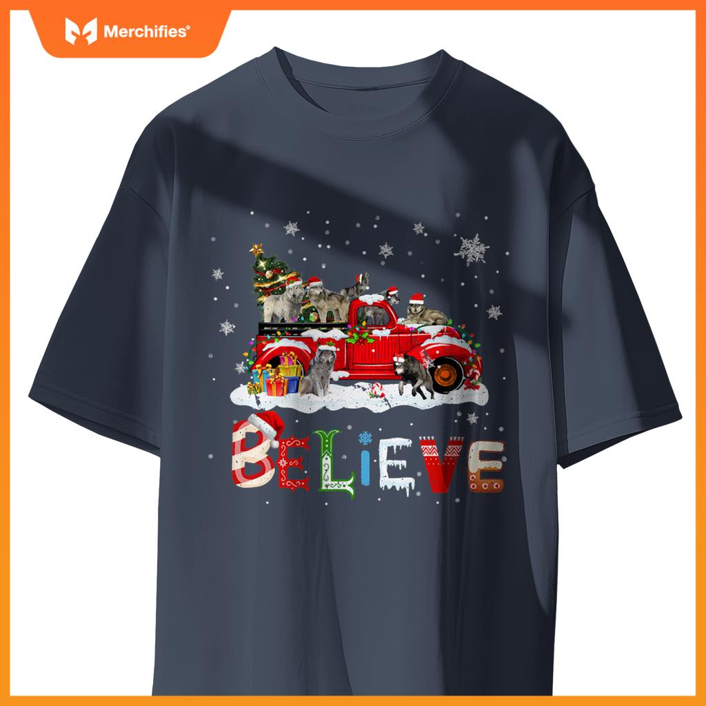 Wolf Riding Red Truck Christmas Tree Believe Santa Pajama T-Shirt