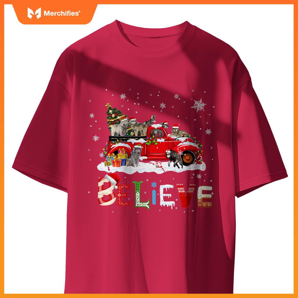 Wolf Riding Red Truck Christmas Tree Believe Santa Pajama T-Shirt