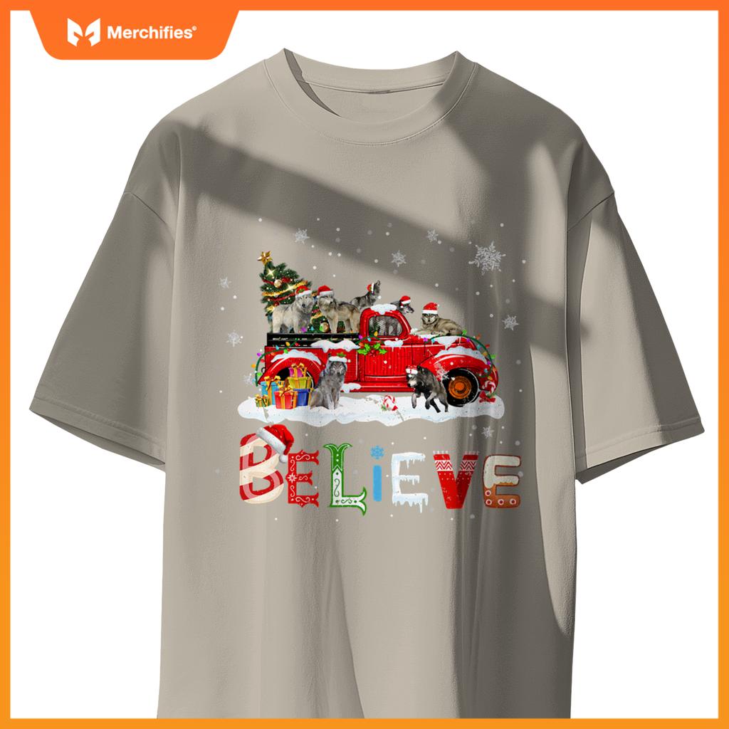 Wolf Riding Red Truck Christmas Tree Believe Santa Pajama T-Shirt