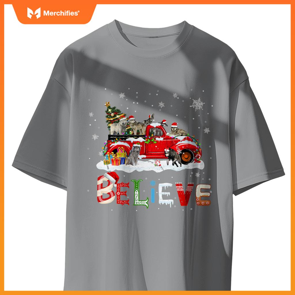 Wolf Riding Red Truck Christmas Tree Believe Santa Pajama T-Shirt