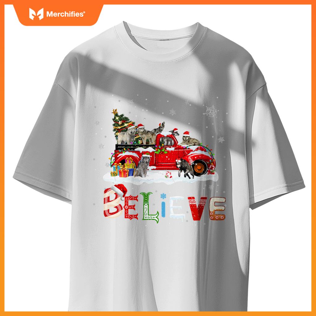Wolf Riding Red Truck Christmas Tree Believe Santa Pajama T-Shirt