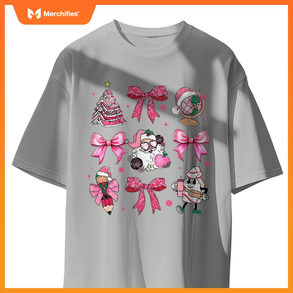 Women pink santa teacher christmas coquette bow pencil santa