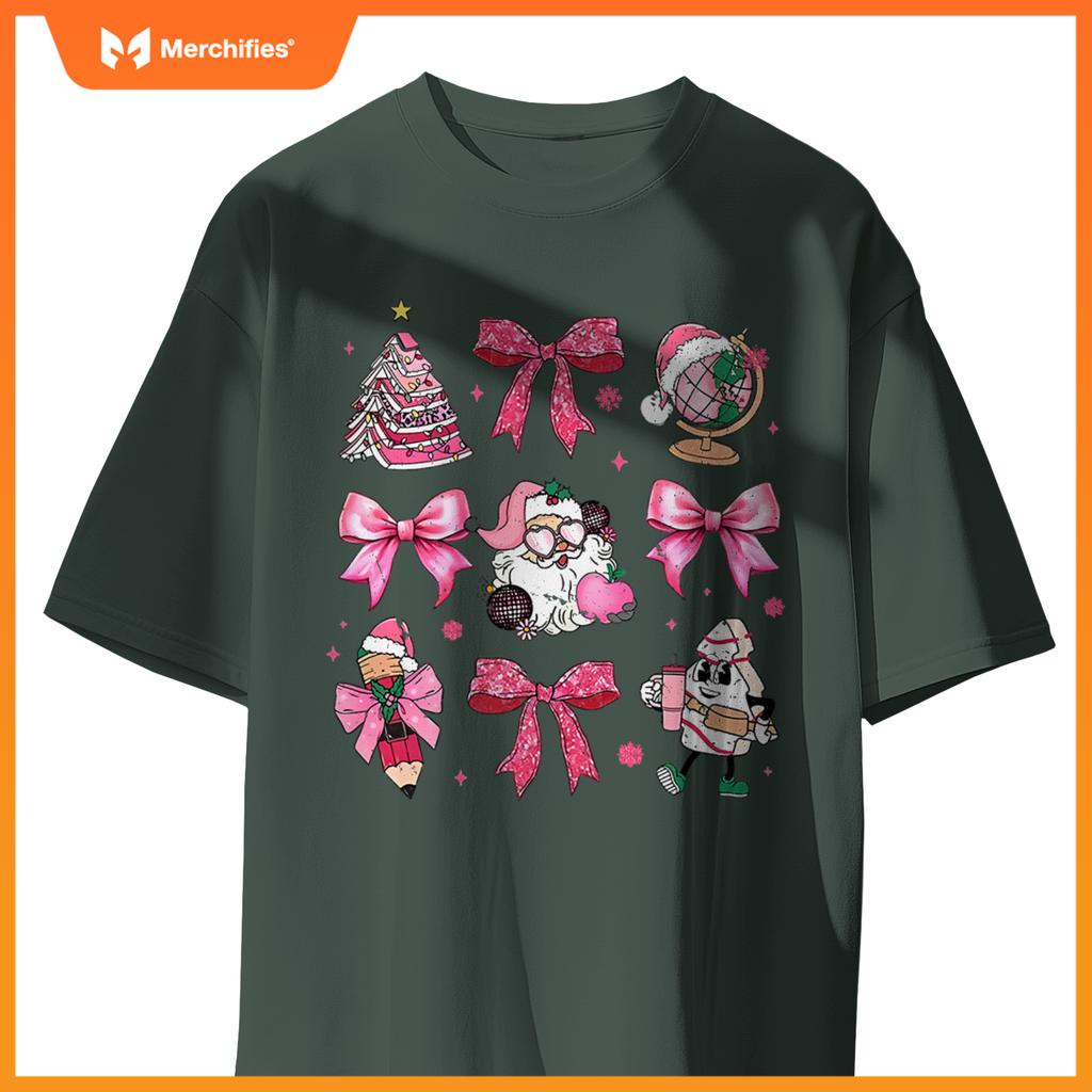 Women pink santa teacher christmas coquette bow pencil santa